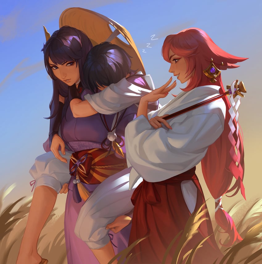 raiden shogun, scaramouche, yae miko, and wanderer (genshin impact) drawn by aina_(mayexplode)