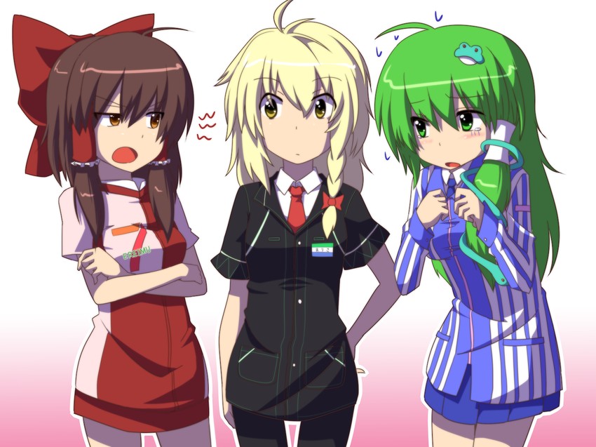 hakurei reimu, kirisame marisa, and kochiya sanae (touhou and 2 more) drawn by leon_(mikiri_hassha)