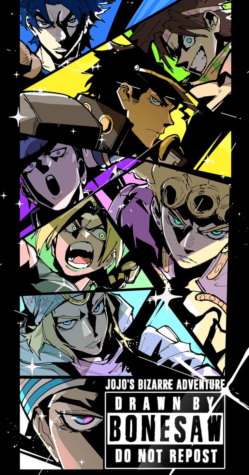 joseph joestar, kujo jotaro, kujo jolyne, giorno giovanna, jonathan joestar, and 2 more (jojo no kimyou na bouken and 8 more) drawn by bonesaw_(rdkshinku)