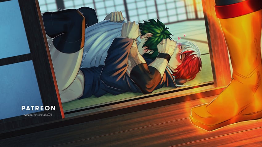 midoriya izuku, todoroki shoto, and endeavor (boku no hero academia) drawn by saika076