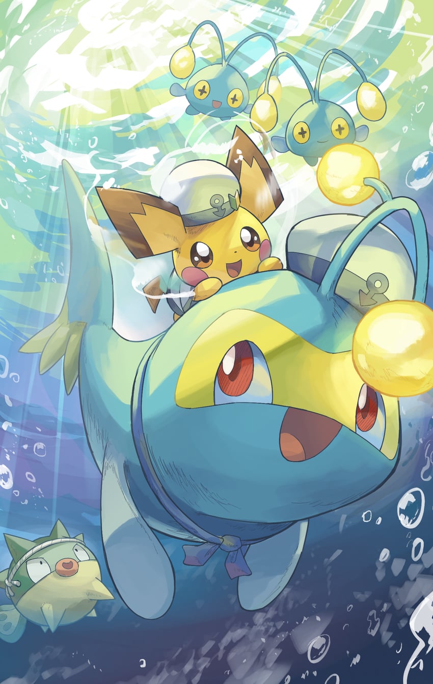 pichu, chinchou, lanturn, and qwilfish (pokemon) drawn by yamaori_(hakkentai_pokedan)