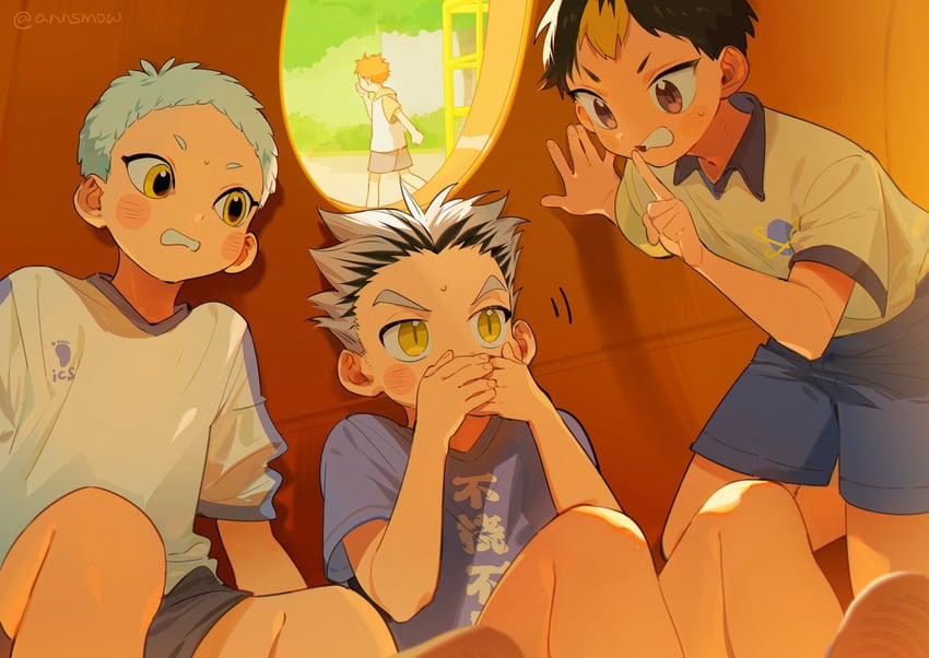 hinata shouyou, bokuto koutarou, nishinoya yuu, and hoshiumi kourai (haikyuu!!) drawn by annsmow