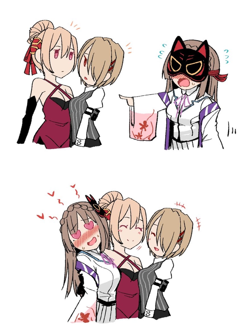 kayamori ruka, shirakawa yuina, and kiryuu miya (heaven burns red) drawn by kenpi_(hs-totyu)