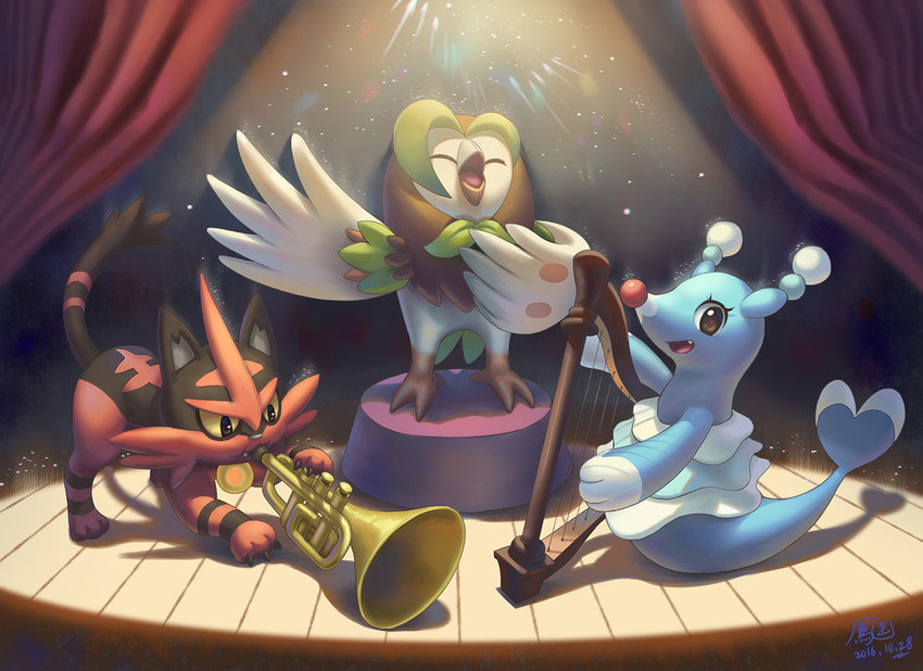 brionne, dartrix, and torracat (pokemon) drawn by hooh_lin