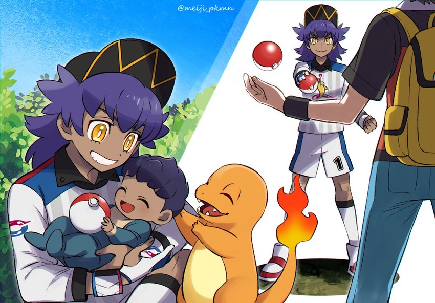 red, leon, charmander, and hop (pokemon and 2 more) drawn by meiji_ken