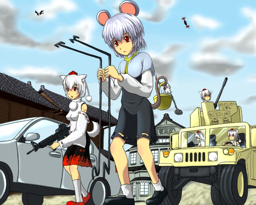 yakumo yukari, shameimaru aya, inubashiri momiji, nazrin, and wolf tengu extra (touhou) drawn by usamakku