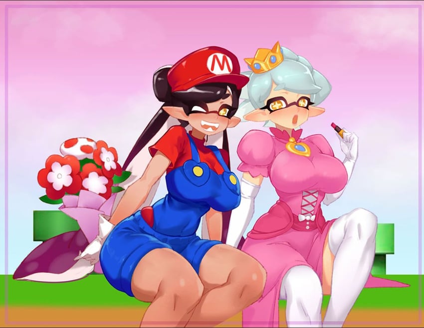 princess peach, mario, callie, and marie (splatoon and 1 more) drawn by little123blood