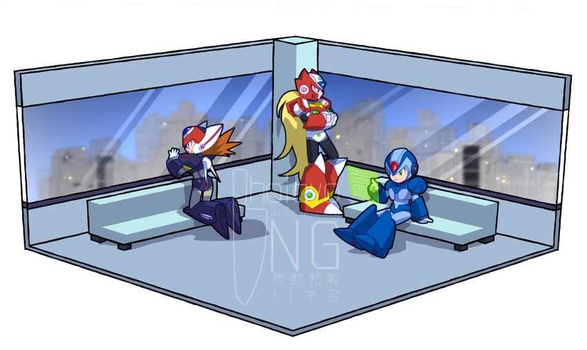 zero, x, and axl (mega man and 1 more) drawn by hoicyo