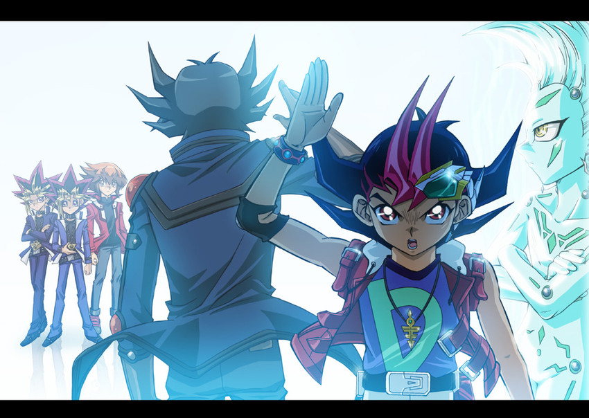 yuki judai, fudo yusei, muto yugi, yami yugi, tsukumo yuma, and 1 more (yu-gi-oh! and 4 more) drawn by raku_(howdy)