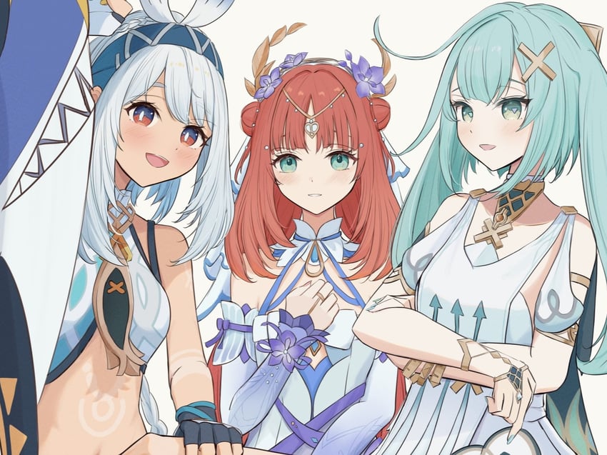 mualani, faruzan, and nilou (genshin impact) drawn by sugarless_(sugarless_il)
