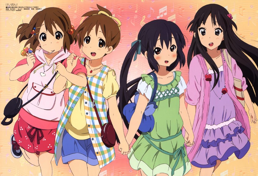 akiyama mio, nakano azusa, hirasawa yui, and hirasawa ui (k-on! and 1 more) drawn by akitake_seiichi