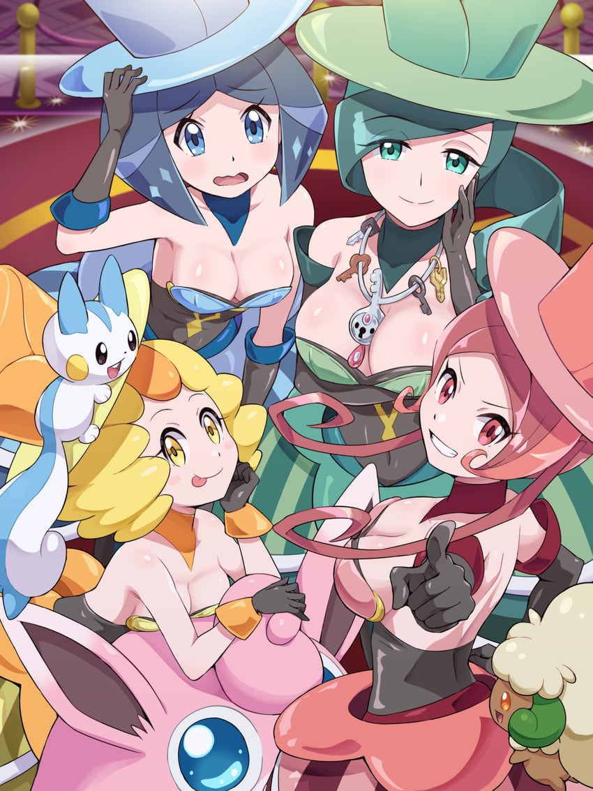 pachirisu, whimsicott, wigglytuff, evelyn, dana, and 2 more (pokemon and 1 more) drawn by pokemoa
