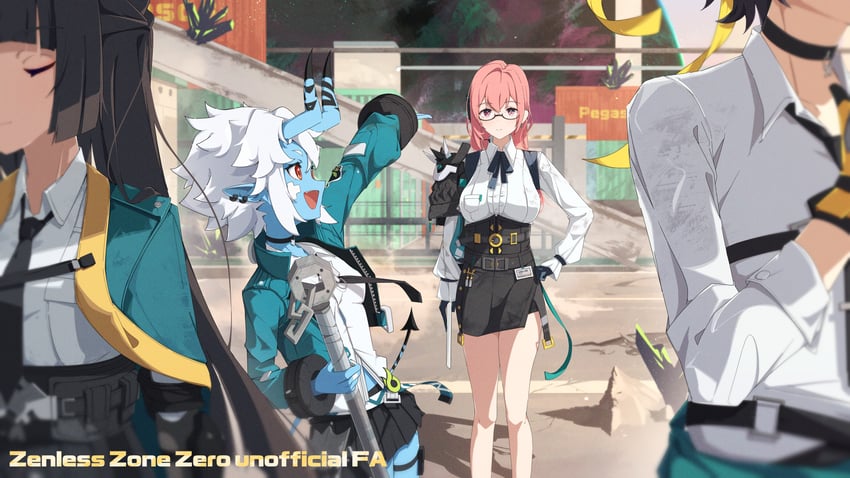 hoshimi miyabi, tsukishiro yanagi, soukaku, and asaba harumasa (zenless zone zero) drawn by spice_mega