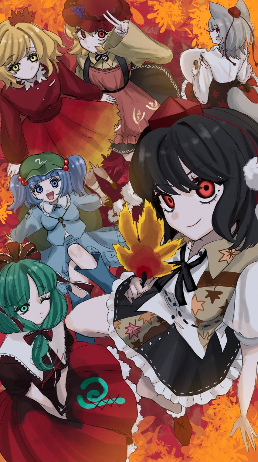 shameimaru aya, inubashiri momiji, kawashiro nitori, kagiyama hina, aki minoriko, and 1 more (touhou and 1 more) drawn by watage_milktea