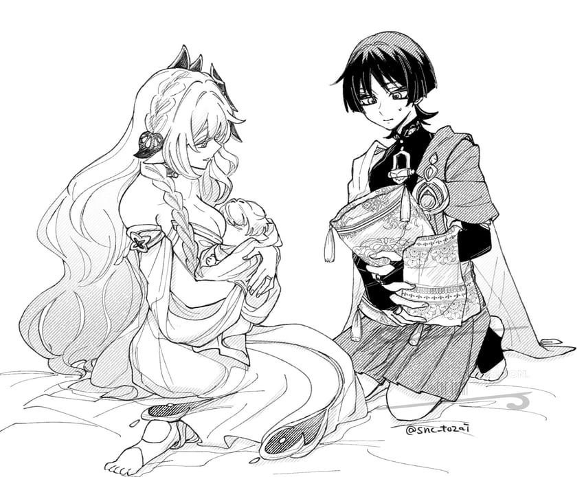 scaramouche, nahida, and wanderer (genshin impact) drawn by snc_tozai