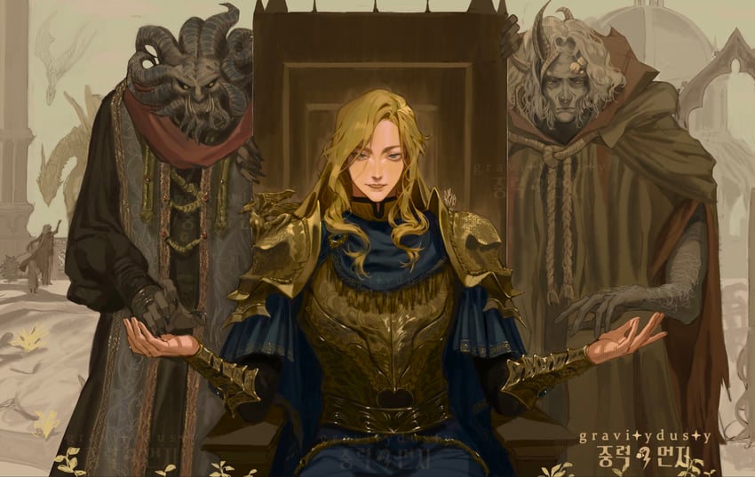 mohg lord of blood, morgott the omen king, margit the fell omen, godwyn the golden, and howel (elden ring) drawn by gravitydusty