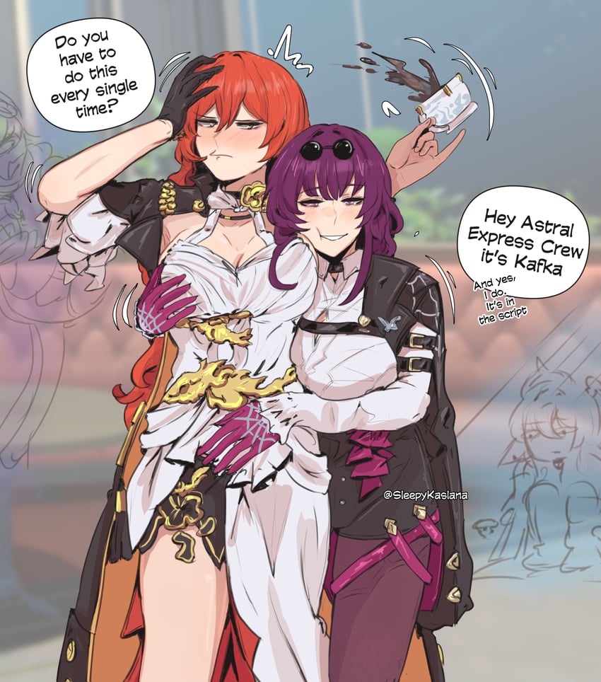 kafka, sunday, and himeko (honkai and 1 more) drawn by sleepy_kaslana