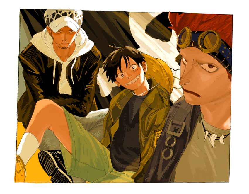 monkey d. luffy, trafalgar law, and eustass kid (one piece) drawn by napp