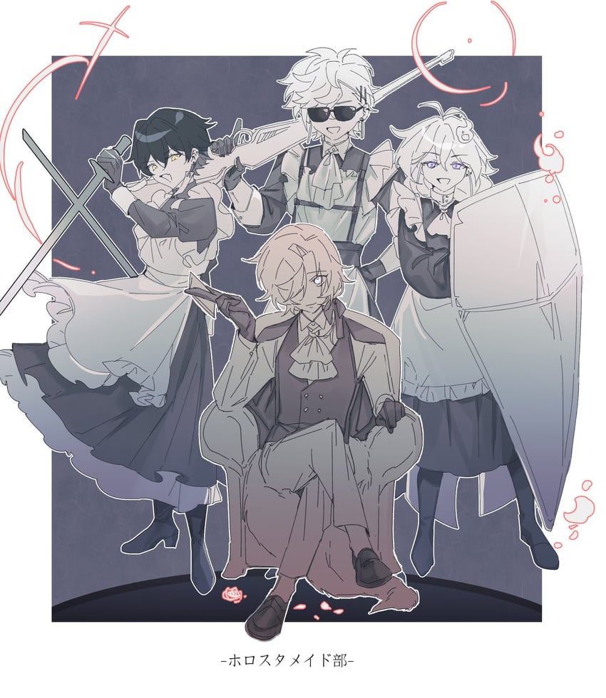 yatogami fuma, minase rio, utsugi uyu, and hizaki gamma (holostars) drawn by sanbo_(apple_1020)