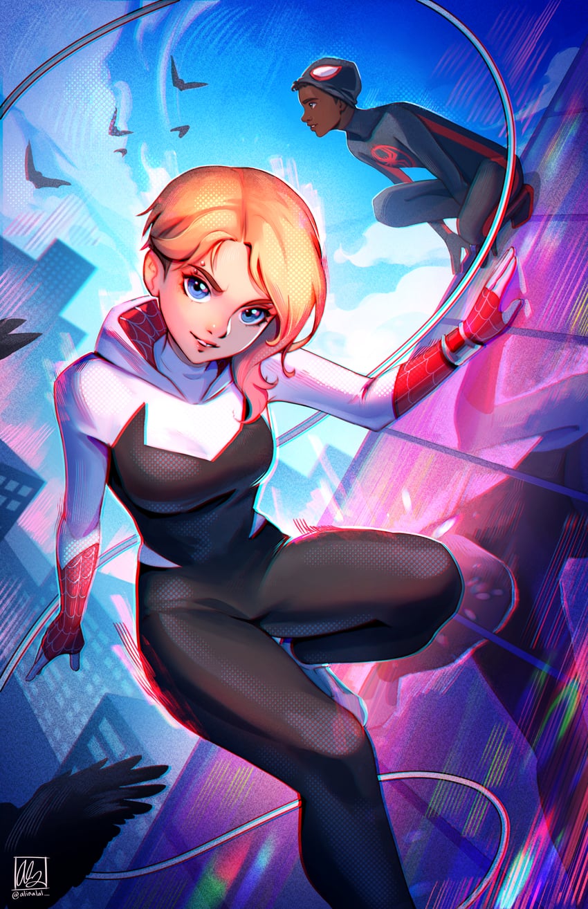 spider-gwen, gwen stacy, miles morales, and spider-man (marvel and 3 more) drawn by alina_l