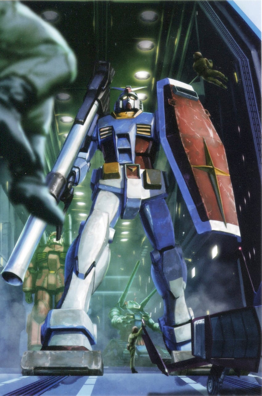 rx-78-2 gundam, guncannon, guntank, white base, and core fighter (gundam and 1 more) drawn by tenjin_hidetaka