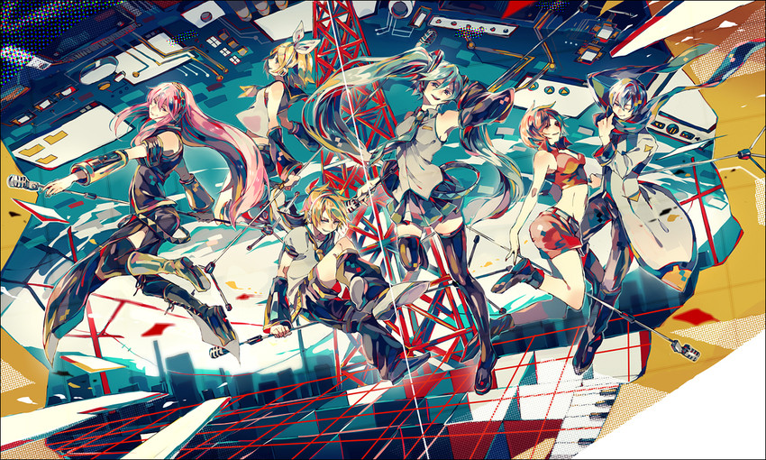 hatsune miku, kagamine rin, kagamine len, megurine luka, kaito, and 1 more (vocaloid) drawn by yuuichi_(bobobo)