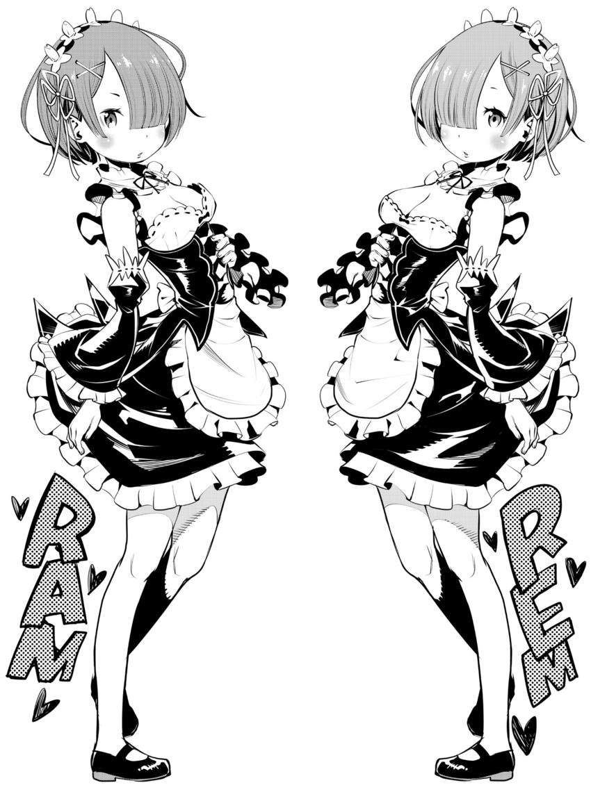 rem and ram (re:zero kara hajimeru isekai seikatsu) drawn by fukushima_masayasu