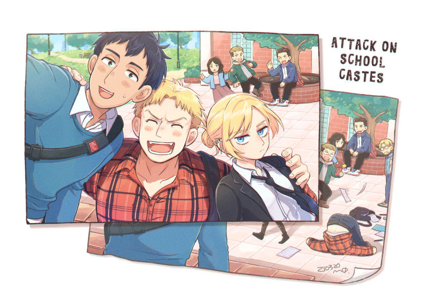 reiner braun, annie leonhart, bertolt hoover, pieck finger, porco galliard, and 2 more (shingeki no kyojin) drawn by midooka_(o_k_k)