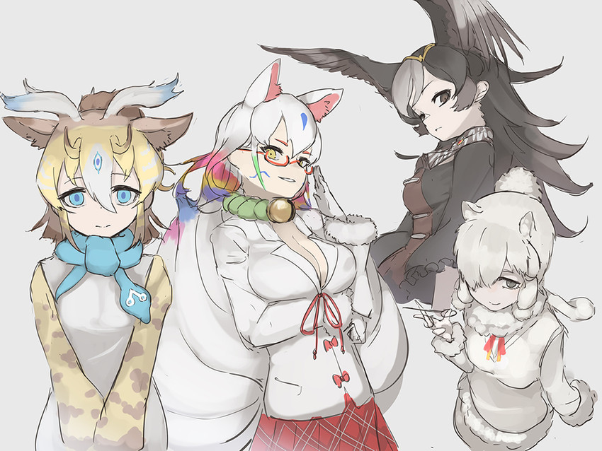 alpaca suri, striated caracara, sivatherium, and kyuubi (kemono friends) drawn by don3