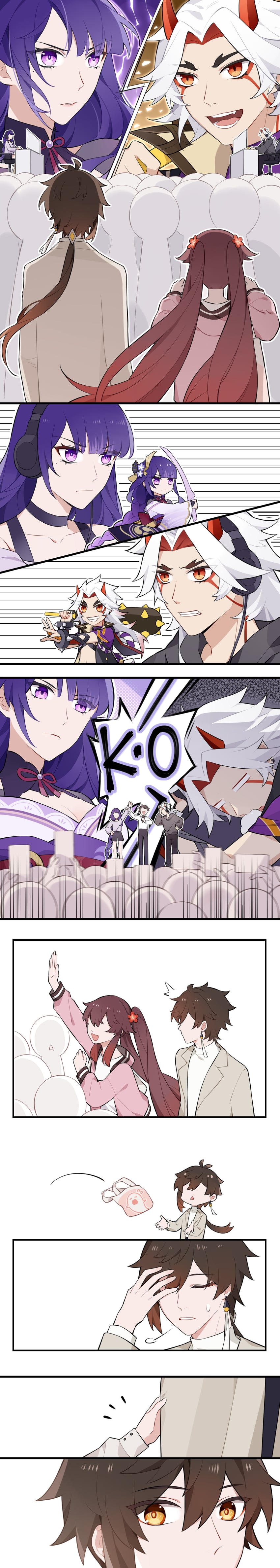 raiden shogun, hu tao, zhongli, boo tao, and arataki itto (genshin impact) drawn by qingxian66814