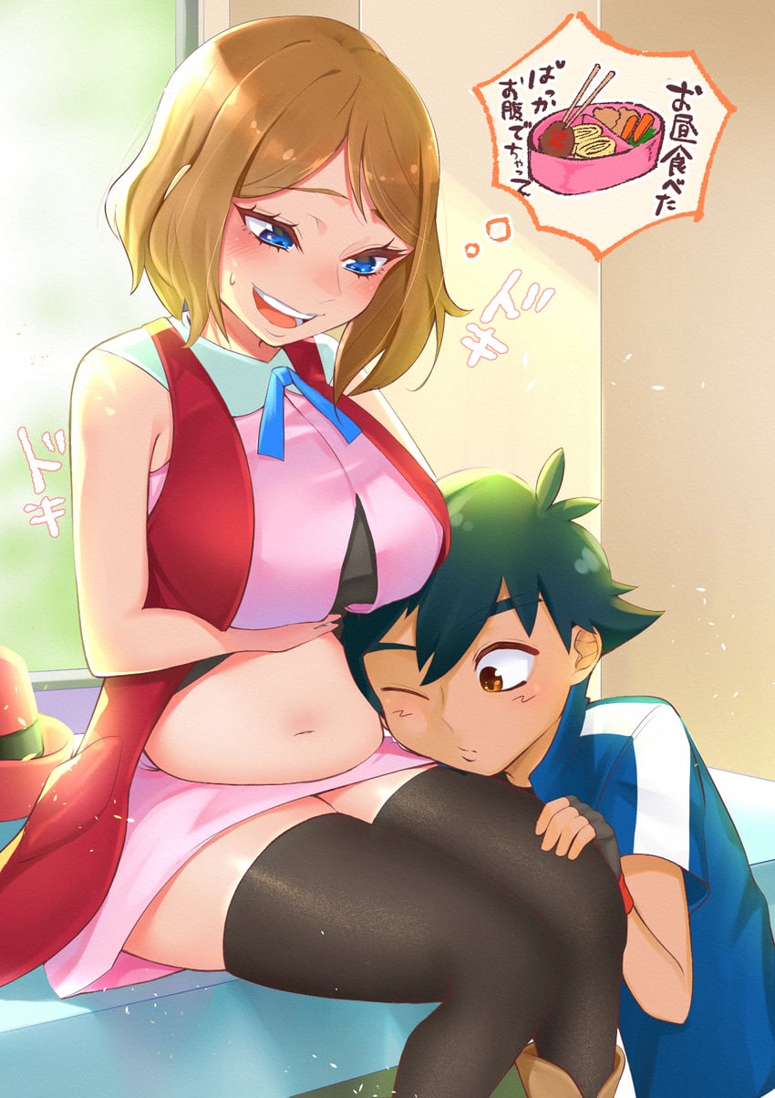 ash ketchum and serena (pokemon and 1 more) drawn by terano_haruma