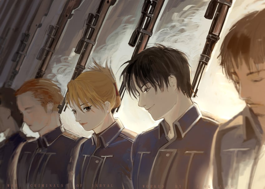 riza hawkeye and roy mustang (fullmetal alchemist) drawn by zuoqiyanye