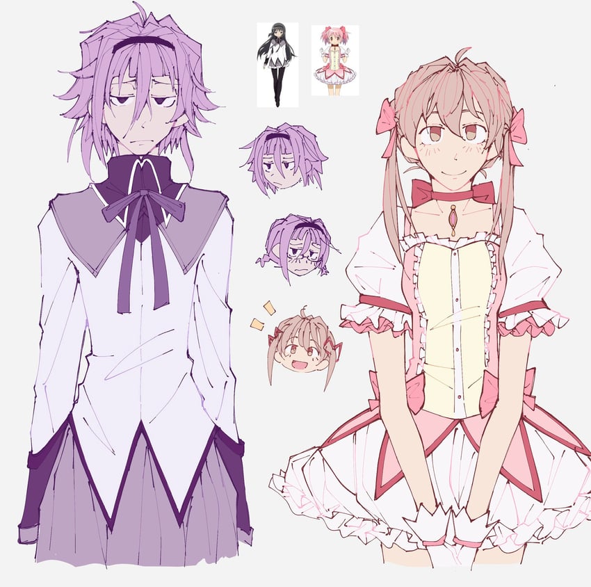 akemi homura, kaname madoka, maka albarn, and crona (mahou shoujo madoka magica and 1 more) drawn by kaligraphy
