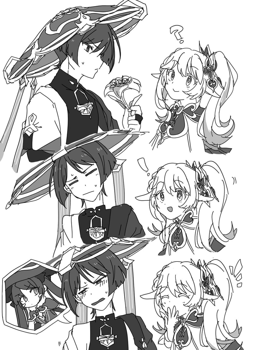 scaramouche, nahida, wanderer, and mona (genshin impact) drawn by iris_hapic
