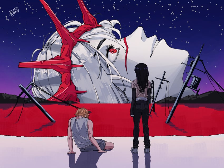 denji, yoru, and mitaka asa (neon genesis evangelion and 2 more) drawn by kwadarth