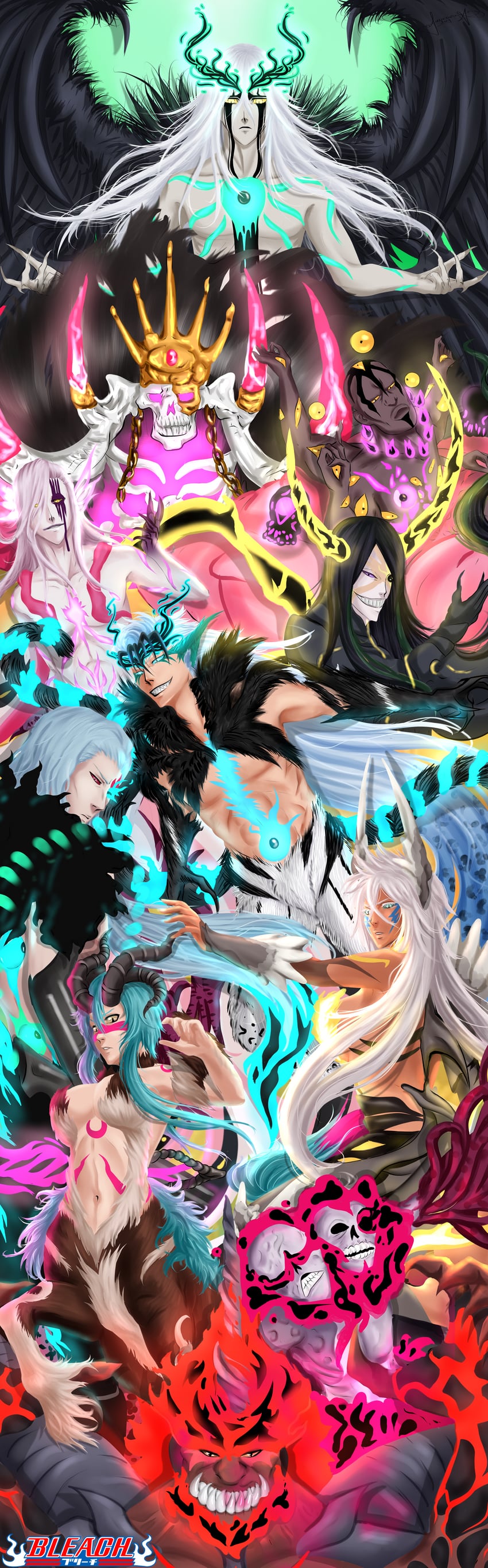 tier harribel, nelliel tu odelschwanck, grimmjow jaegerjaquez, ulquiorra cifer, nnoitra gilga, and 5 more (bleach and 1 more) drawn by aurora_archangel