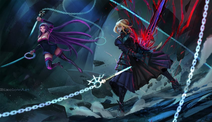 artoria pendragon, saber alter, and medusa (fate and 2 more) drawn by bixclowart