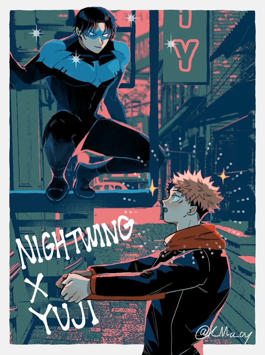 itadori yuuji and nightwing (jujutsu kaisen and 2 more) drawn by k_ma_cy