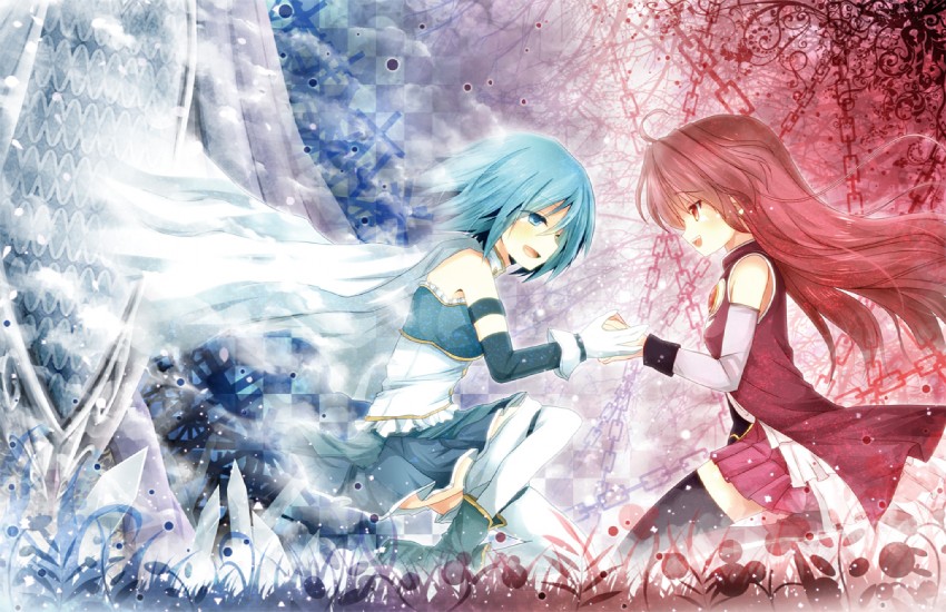 miki sayaka and sakura kyoko (mahou shoujo madoka magica) drawn by akashio_(loli_ace) and mari_audio