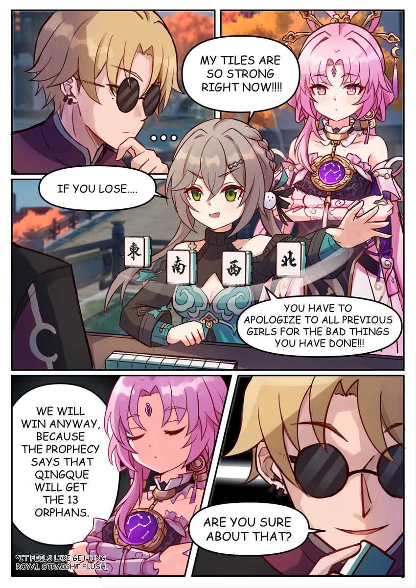 fu xuan, qingque, and skott (honkai and 1 more) drawn by jimpu6