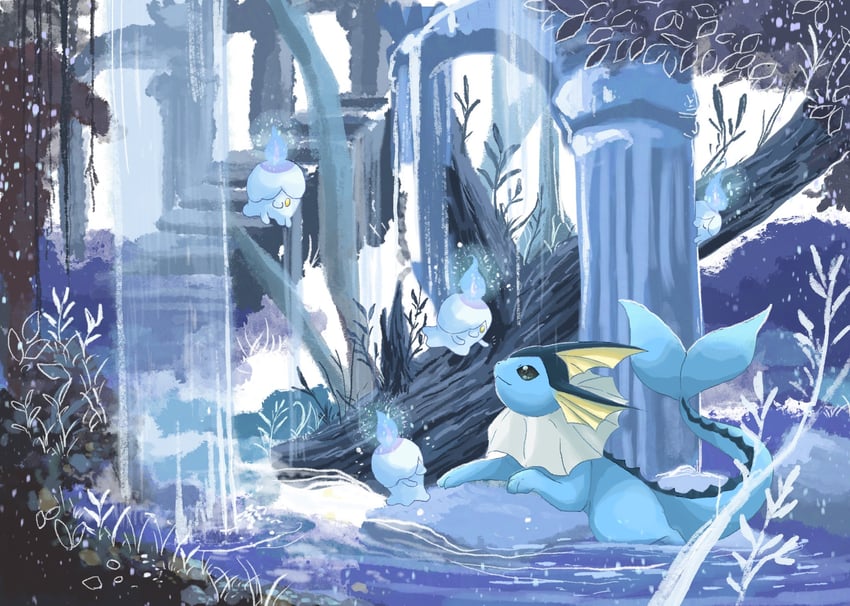 vaporeon and litwick (pokemon) drawn by volpecorvo
