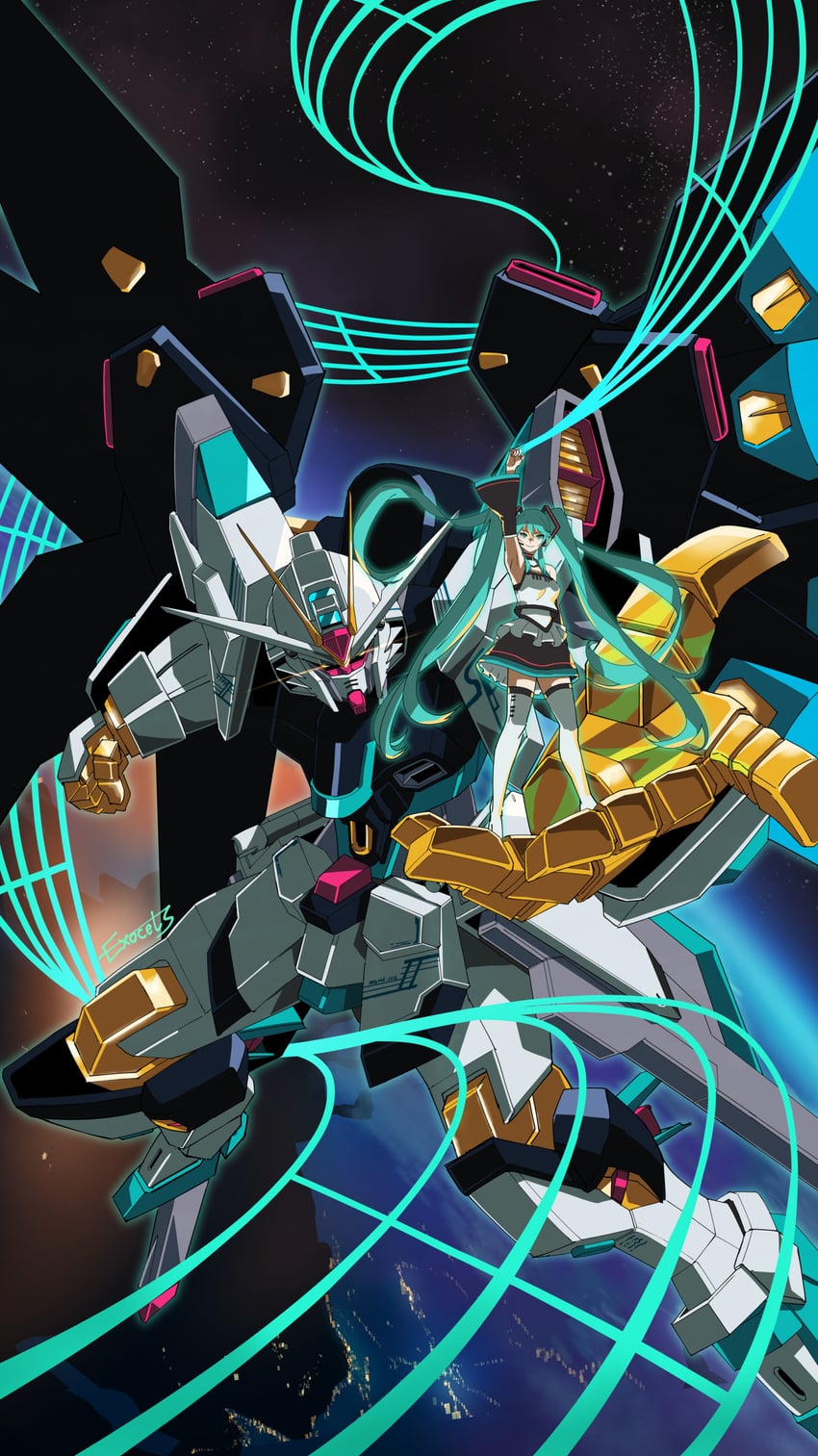 hatsune miku and strike freedom gundam type ii (vocaloid and 3 more) drawn by exocet_(exocet4)