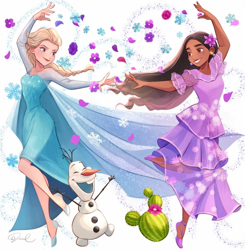 elsa, olaf, and isabela madrigal (frozen and 1 more) drawn by melchencanto