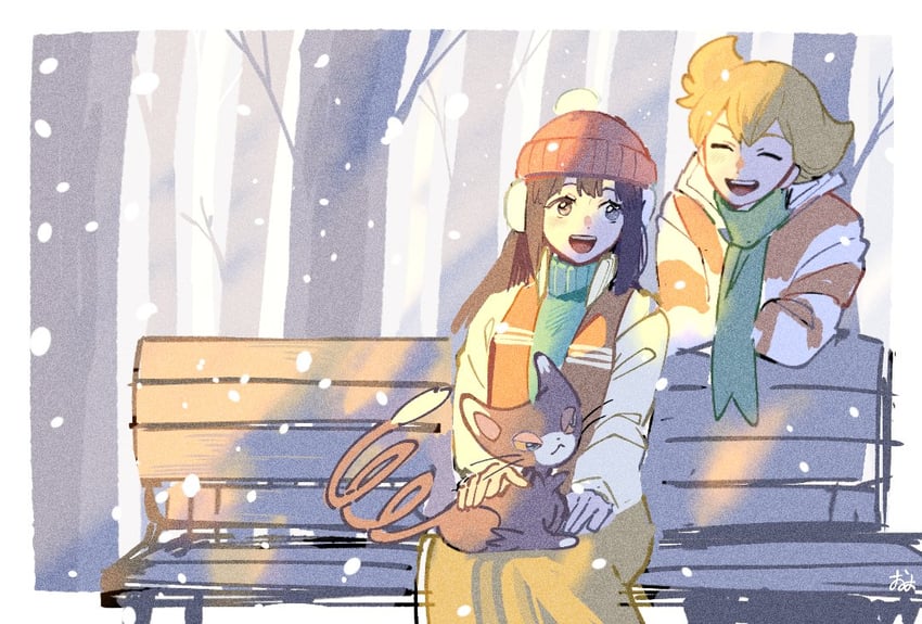 dawn, barry, and glameow (pokemon and 3 more) drawn by omyo_(myomyomyo22)