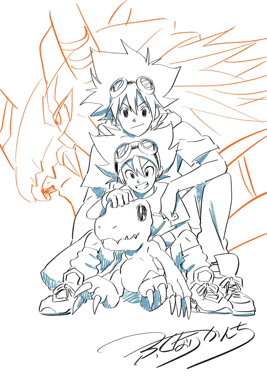 yagami taichi, agumon, and agumon -yuki no kizuna- (digimon and 2 more) drawn by fukunari_kanchi