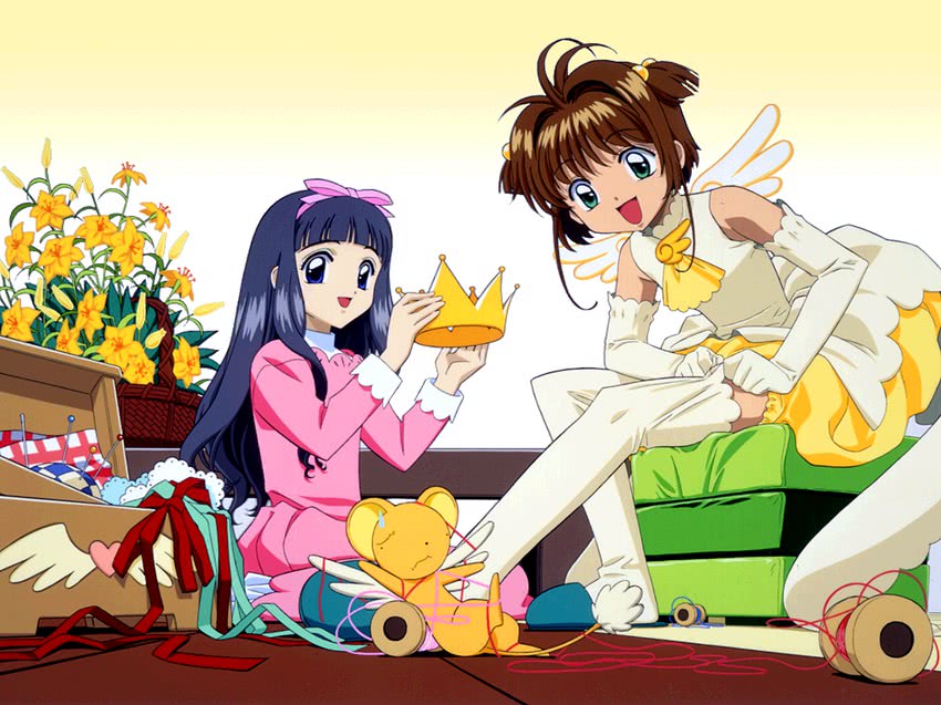 kinomoto sakura, kero, and daidouji tomoyo (cardcaptor sakura) drawn by fujita_mariko
