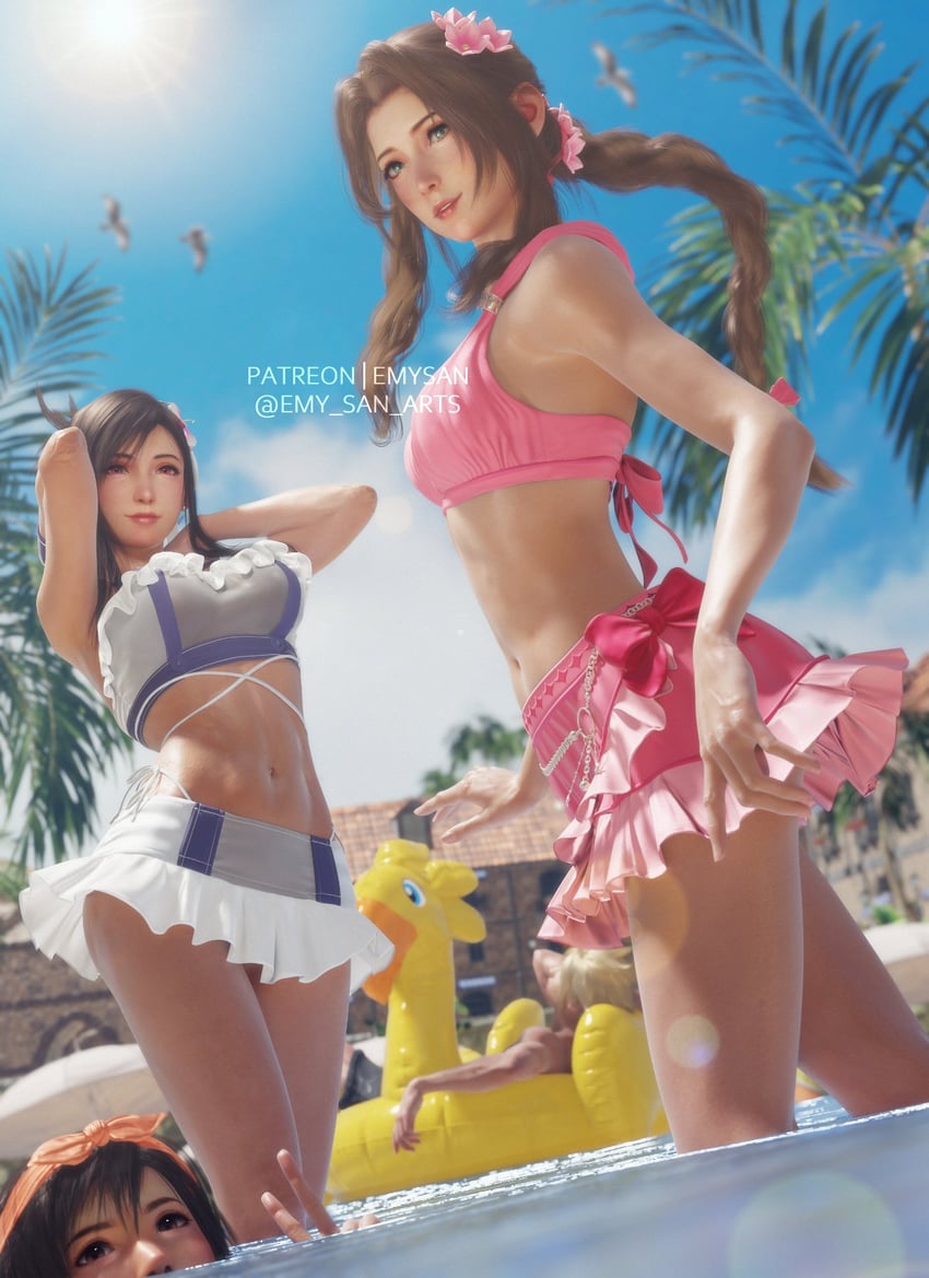 tifa lockhart, cloud strife, aerith gainsborough, and yuffie kisaragi (final fantasy and 3 more) drawn by emy-san