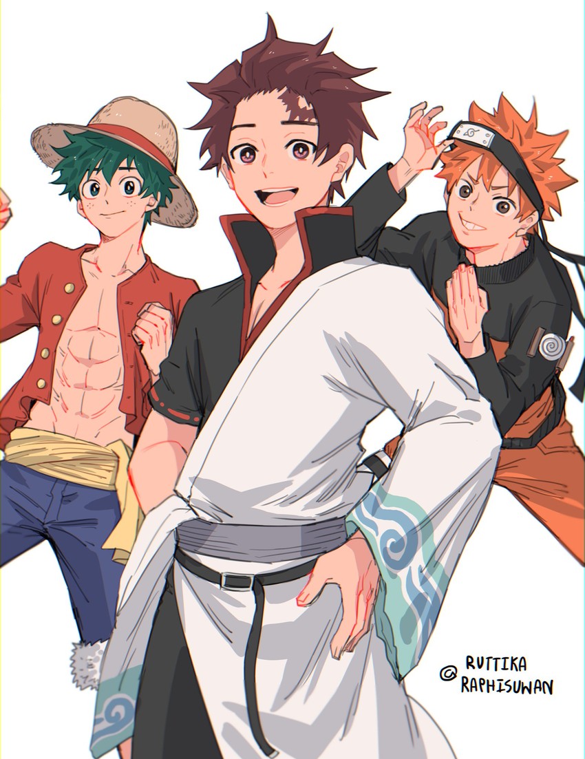 monkey d. luffy, midoriya izuku, uzumaki naruto, sakata gintoki, kamado tanjirou, and 1 more (one piece and 6 more) drawn by ruttika_shin