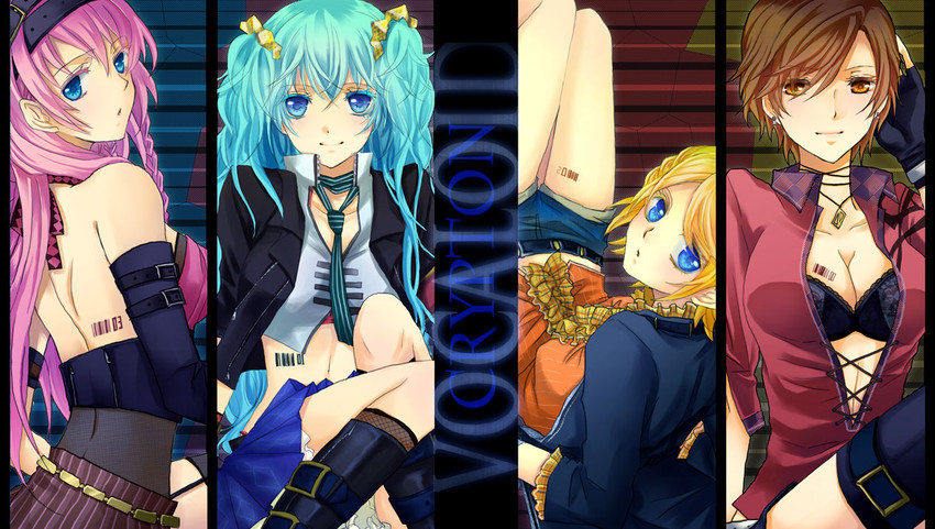 hatsune miku, kagamine rin, megurine luka, and meiko (vocaloid) drawn by koyami_tsukito