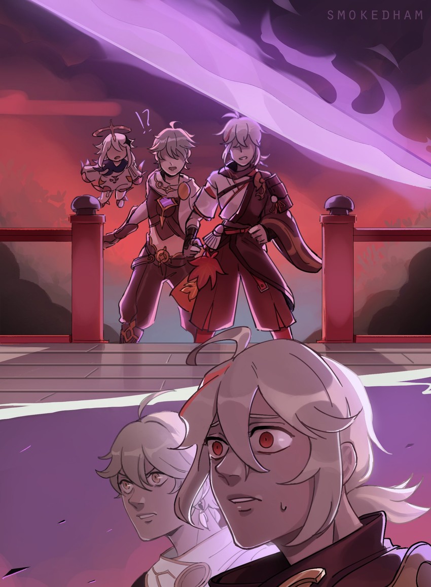 aether, paimon, and kaedehara kazuha (genshin impact) drawn by smokedham